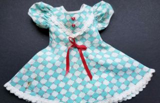 Vintage Factory Made Turquoise Check Doll Dress With Heart Buttons Fits 18 " Dol