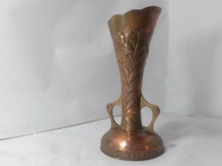 Vintage,  old 1940s copper wash heavy Art Nouveau floral vase,  occupied Japan made 3
