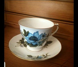 Queen Anne Fine Bone China England Tea Cup & Saucer Blue Flowers Gold Trim