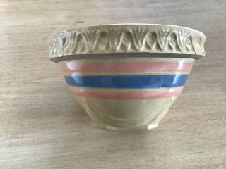Antique Yellow Ware Small Pottery Bowl - Blue/pink Bands - Pie Crust Edge