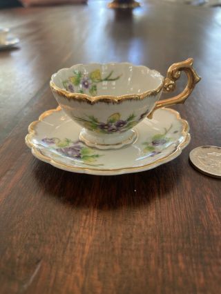 Antique Miniature Tea Cup & Saucer Floral W Gold Japan Footed Hand Painted Vtg