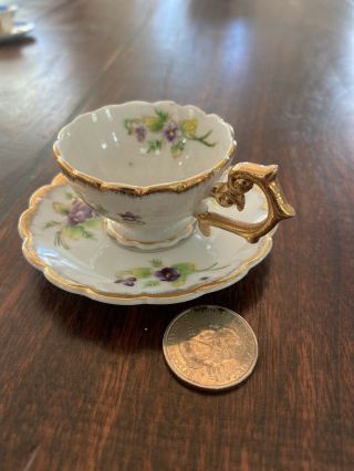 Antique Miniature Tea Cup & Saucer Floral w Gold Japan Footed Hand Painted VTG 2