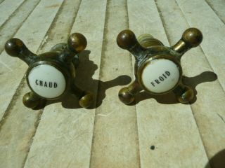 Old Copper And Brass Taps French Porcelain Inscription Chaud Froid (hot Cold)