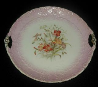 Antique Raised Flowers Pink Cake Plate Red Yellow White Flowers
