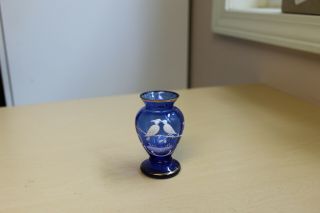 Small Cobalt Blue Glass Vase Mary Gregory Lovebirds