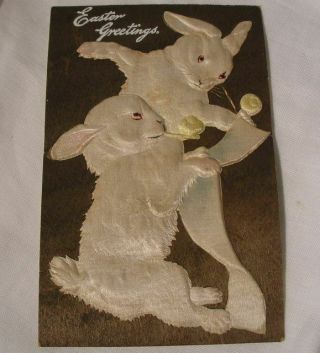 Antique German Silk Embossed Postcard Easter Rabbits Greetings