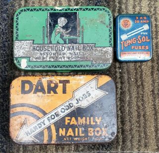 3 Antique Art Deco 1930s Vintage Hardware & Automobile Fuse Advertising Tins