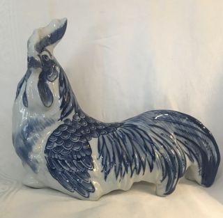Large Vintage Rooster White Blue Hand Painted Delft Style Figure Statue Ceramic