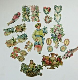 24 Victorian Antique Scraps Made In Germany C.  1900 Hearts Flowers Hands