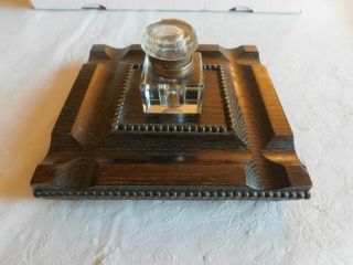 Rare Vintage Arts & Crafts Style Fountain Pen Desk Set Wood Base & Inkwell