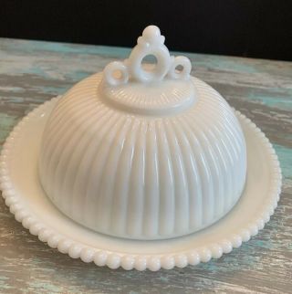 Vintage Rare Westmoreland Milk Glass Domed Butter Dish With Beaded Edge