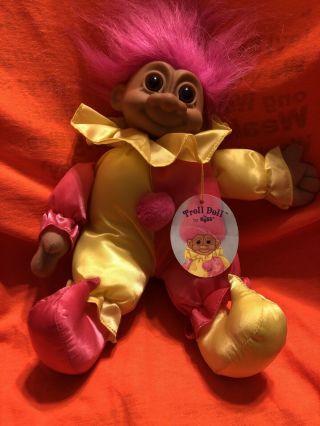 Russ Troll Doll Troll Clown Plush 9 " Bean Bag Pink Yellow Jester
