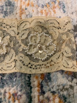 42” Antique lace Victorian era HAND - Beaded Tea - color/White Beading Vintage trim 2