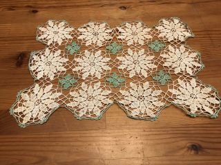 Antique Vintage Lace Handmade Doily Green White Rectangle