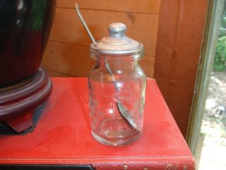Antique/vintage Glass Jam/jelly Jar With Lid And Spoon Etched Grape Pattern