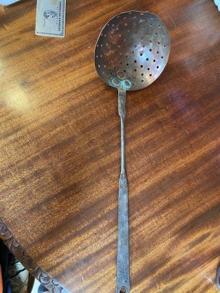 Hand Forged Copper,  Early 1800’s Pierced Ladle.  19” L—5” W Ladle.  Perfect Con