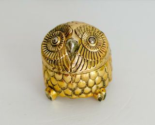 Rare Vintage Mid Century Brass Metal Owl Hinged Lid Music Box Boho Mcm