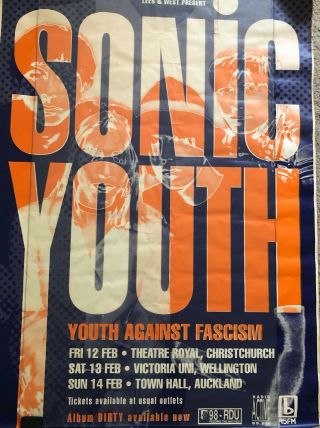 Sonic Youth Large & Rare 1993 Zealand Tour Poster " Youth Against Fascism "