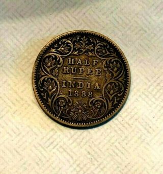 1888 British India Queen Victoria One - Half Rupee.  925 Silver - Rare - Medium Size