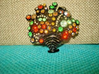 Vintage Signed Art Flower Basket Rhinestone Multi - Color Brooch Pin Rare