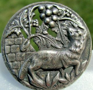 Vintage Antique " Fox & The Grapes " French Silver Plated Copper Pierced Button