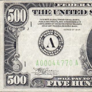 Rare Boston District 1934 $500 Five Hundred Dollar Bill 1000 Fr.  2201a A00044770a