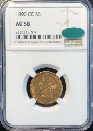 1890 Cc $5 Gold Liberty Half Eagle,  Au 58 Cac Ngc,  Rare Carson City Gold