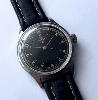 Omega Rare Vintage Large Size Steel,  30t2,  With Black Military Style Dial 1940s