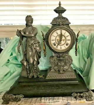 Rare Antique Ansonia Mantel Clock 1881 Harp And Figure 14 Inches Tall Make Offer
