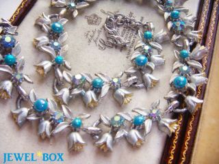 Vintage Rare Silver Enamel Aurora Borealis Rhinestone Faux Pearl Flower Necklace