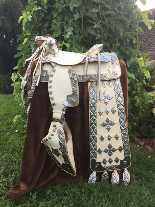 Ted Flowers White Parade Saddle Complete W/breaststrap - Bridle - Taps - Serape Rare
