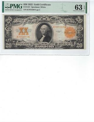 1922 $20 Gold Certificate Fr1187 Pmg 63 Ch Unc Epq Spellman/white,  Rare