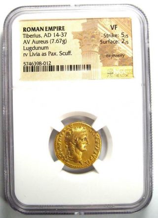 Roman Tiberius Gold AV Aureus Livia Coin 14 - 37 AD - Certified NGC VF - Rare 2