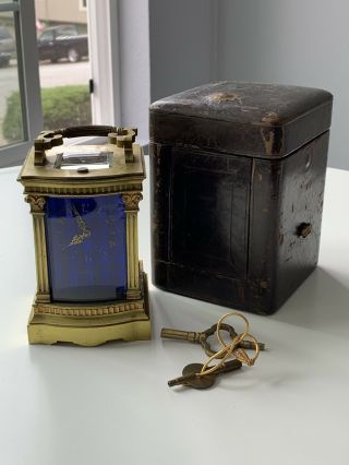 Rare Antique L.  Leroy & Cie French Gilt Brass Blue Glass Striking Carriage Clock