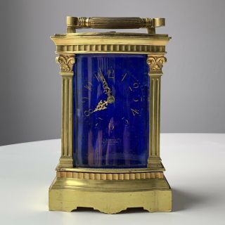 Rare Antique L.  Leroy & Cie French Gilt Brass Blue Glass Striking Carriage Clock 2