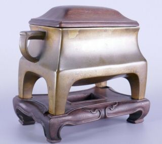 Rare Old Chinese Bronze Censer Incense Burner w/ Mark Stand & Cover 3
