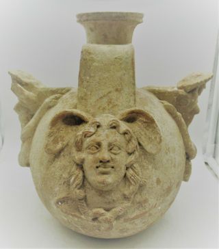 Very Rare Ancient Greek Terracotta Vessel With Figures And Face Of Eros