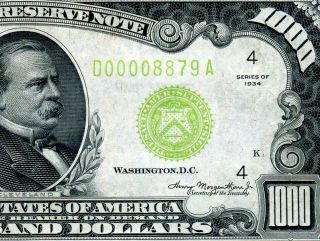 Hgr Sunday 1934 $1,  000 Frn ( (rare Lime Seal,  Low))  Appears Gem Uncirculated
