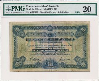 The Commonwealth Of Australia Australia 10 Pounds Nd (1918) Very Rare Pmg 20