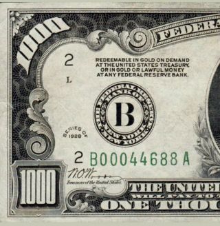 Rare York District 1928 $1000 Frn Thousand Dollar Bill Fr.  2210 - B 44688a