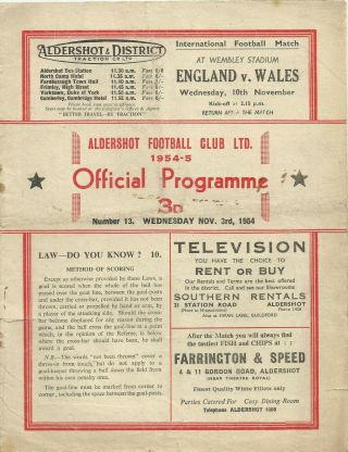 Ultra Rare Floodlight Friendly Football Programme Aldershot V Lincoln City 1954