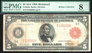 Fr 836a / 1914 $5 Frn/red Richmond - 18 Known Only/rare - Pmg 8