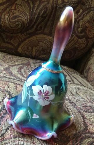 Fenton Bell Plum Opalescent Carnival Figurine Flowers Designer Rare