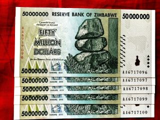 5 Zimbabwe 50 Million Dollar Rare Unc Banknote Note Aa 100t Ser 2008 Currency