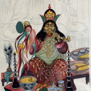 Rare Aquarelle De Léa Lafugie (1890 - 1972) " Etude Pour Lama Magicien à Phari Jong