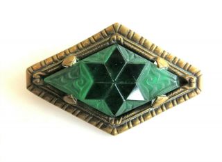 Rare Victorian Frosted Green Glass Prong Set Brooch Pin Green Glass Inlaid Star