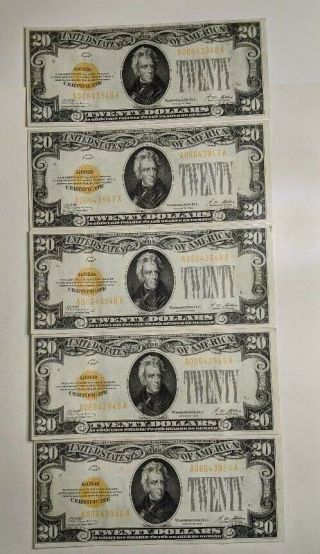 1928 $20 Small Gold Certificate Note Rare 5 Consecutive Serial Number 