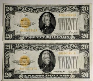 1928 $20 Small Gold Certificate Note RARE 5 Consecutive Serial Number ' s 2