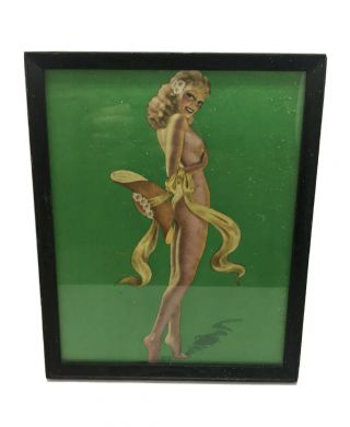 Rare Vintage Billy Devorss Framed Art Deco Risque Pin - Up Girl Litho Girl Green