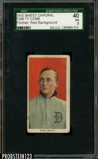 1910 T206 Sweet Caporal Factory 25 Ty Cobb Red Portrait Sgc 40 Vg 3 Rare Back